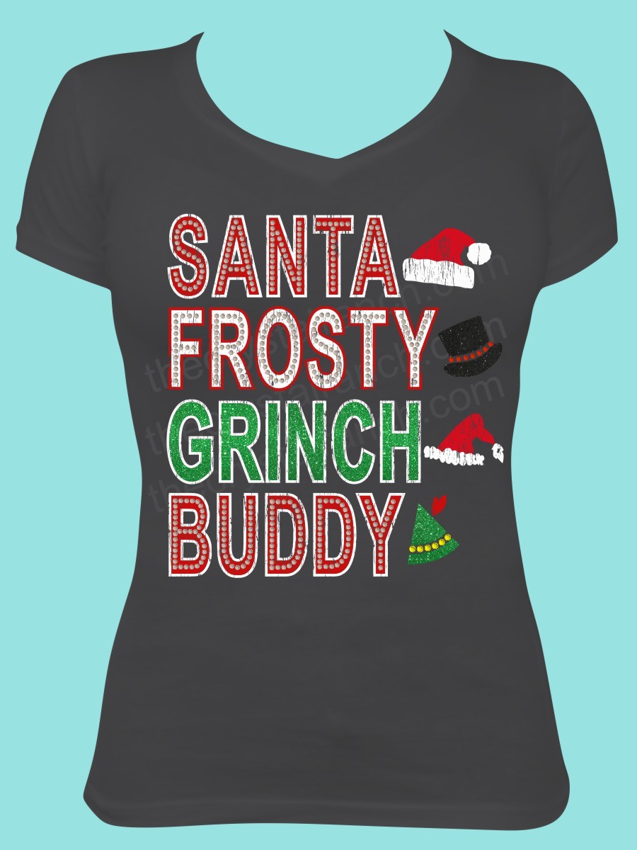 Santa Frosty Grinch Buddy Rhinestone and Glitter Tee THV013