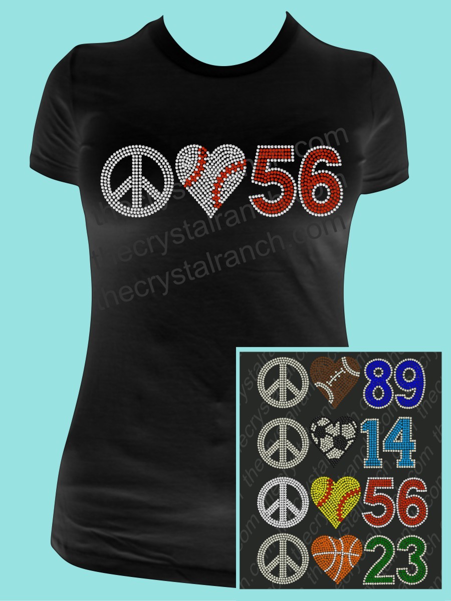 Peace Love Jersey Number Rhinestone Tee TP025 